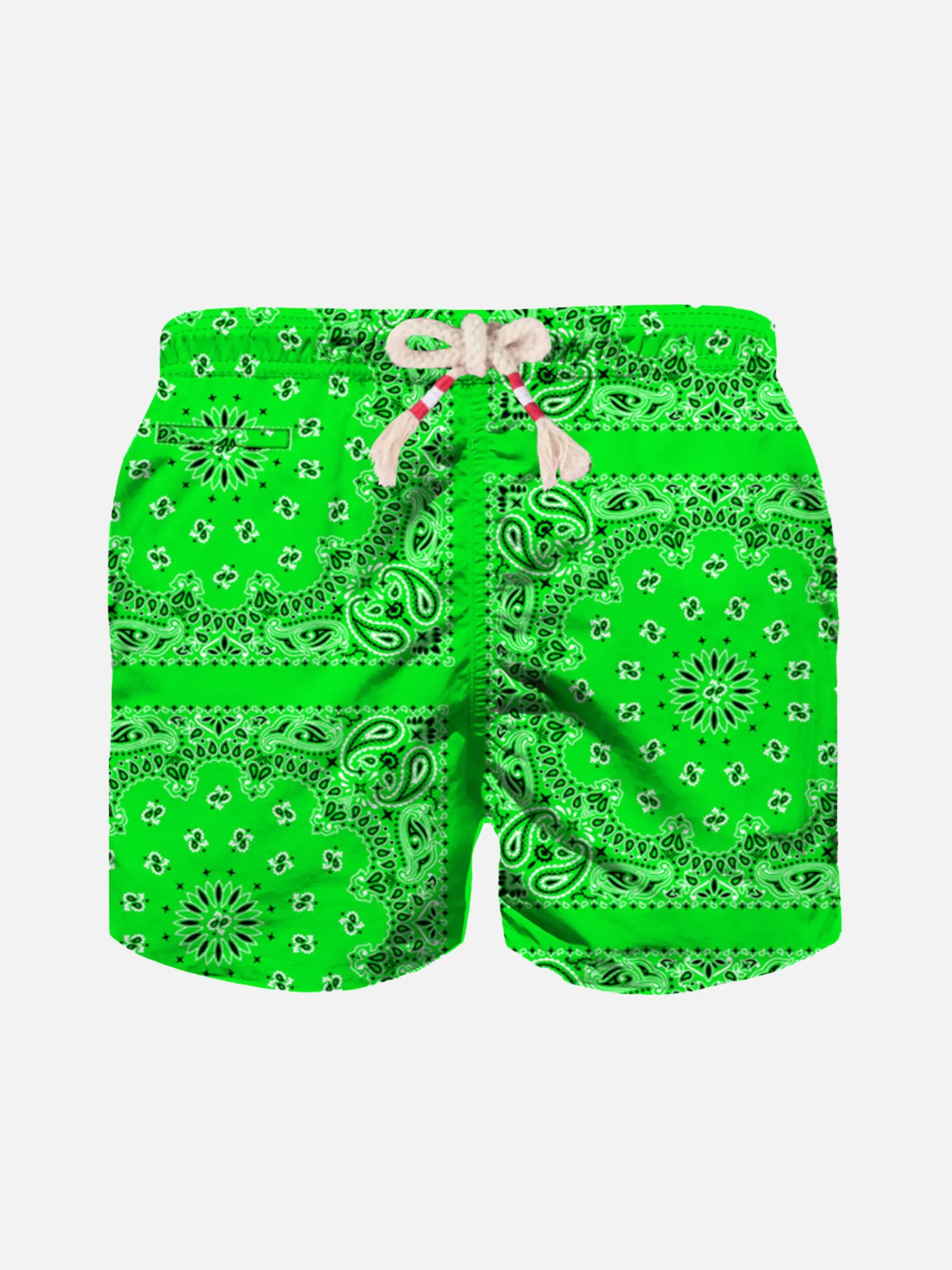 Neongrüne Badeshorts für Jungen mit Bandana-Aufdruck