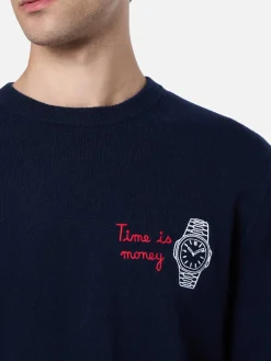 Nevy blauer Herrenpullover Heron mit Time is money-Stickerei