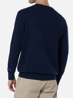 Nevy blauer Herrenpullover Heron mit Time is money-Stickerei
