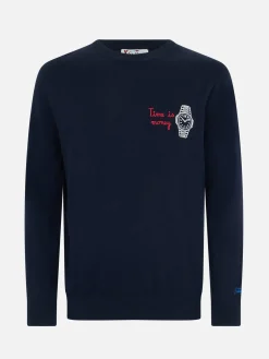 Nevy blauer Herrenpullover Heron mit Time is money-Stickerei