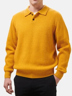 Ockerfarbener Rippenpullover Downing aus Kaschmirmischung für Herren mit Polokragen