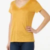 Ockerfarbenes Damen-T-Shirt aus Leinen