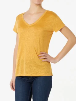 Ockerfarbenes Damen-T-Shirt aus Leinen