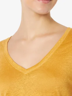 Ockerfarbenes Damen-T-Shirt aus Leinen
