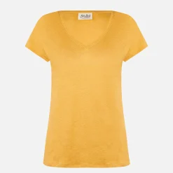 Ockerfarbenes Damen-T-Shirt aus Leinen