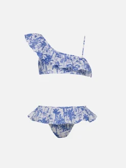 One-Shoulder-Bikini Rey mit Rüschen für Mädchen mit Toile de Jouy-Print
