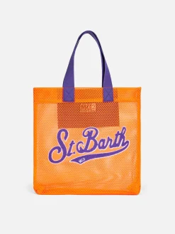 Orangefarbene Einkaufstasche aus Mesh mit Frottee-Stickerei vorne