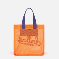 Orangefarbene Einkaufstasche aus Mesh mit Frottee-Stickerei vorne
