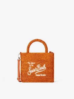 Orangefarbene Mini-Vanity-Basttasche mit Stickerei vorne