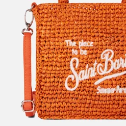 Orangefarbene Mini-Vanity-Basttasche mit Stickerei vorne