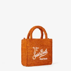 Orangefarbene Mini-Vanity-Basttasche mit Stickerei vorne