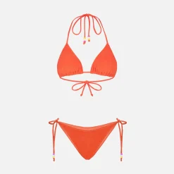 Orangefarbener Frottee-Dreieckbikini für Damen mit Anhängern