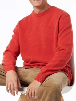 Orangefarbener Herrenpullover mit Rundhalsausschnitt und St. Barth-Stickerei