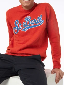 Orangefarbener Herrenpullover mit Rundhalsausschnitt und St. Barth-Stickerei