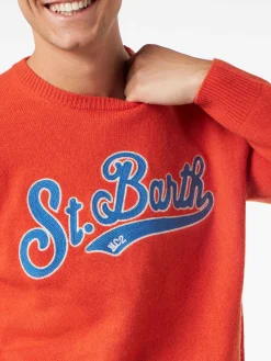 Orangefarbener Herrenpullover mit Rundhalsausschnitt und St. Barth-Stickerei