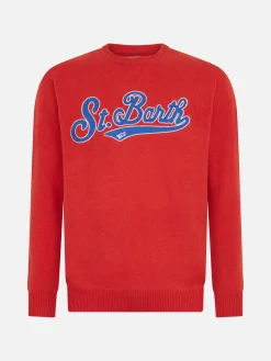 Orangefarbener Herrenpullover mit Rundhalsausschnitt und St. Barth-Stickerei