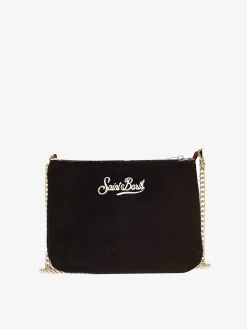 Parisienne-Umhängetasche Clutch aus Samt mit Motiv und der Stickerei „All I want for Christmas is Saint Barth“.