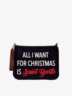 Parisienne-Umhängetasche Clutch aus Samt mit Motiv und der Stickerei „All I want for Christmas is Saint Barth“.