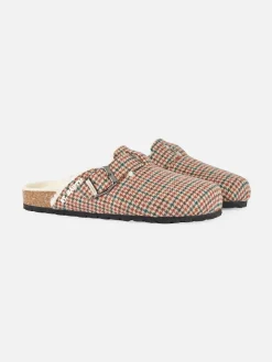 Pelzige Damen-Sandalen-Clogs mit Pied-de-Poule-Aufdruck