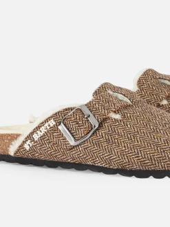 Pelzige Damen-Sandalen-Clogs mit Fischgrätenmuster