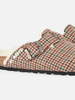 Pelzige Damen-Sandalen-Clogs mit Pied-de-Poule-Aufdruck