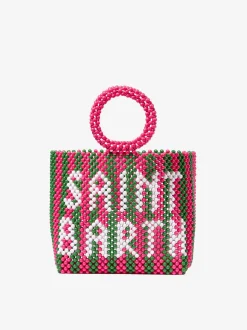 Perlenhandtasche mit rosa und grünen Streifen