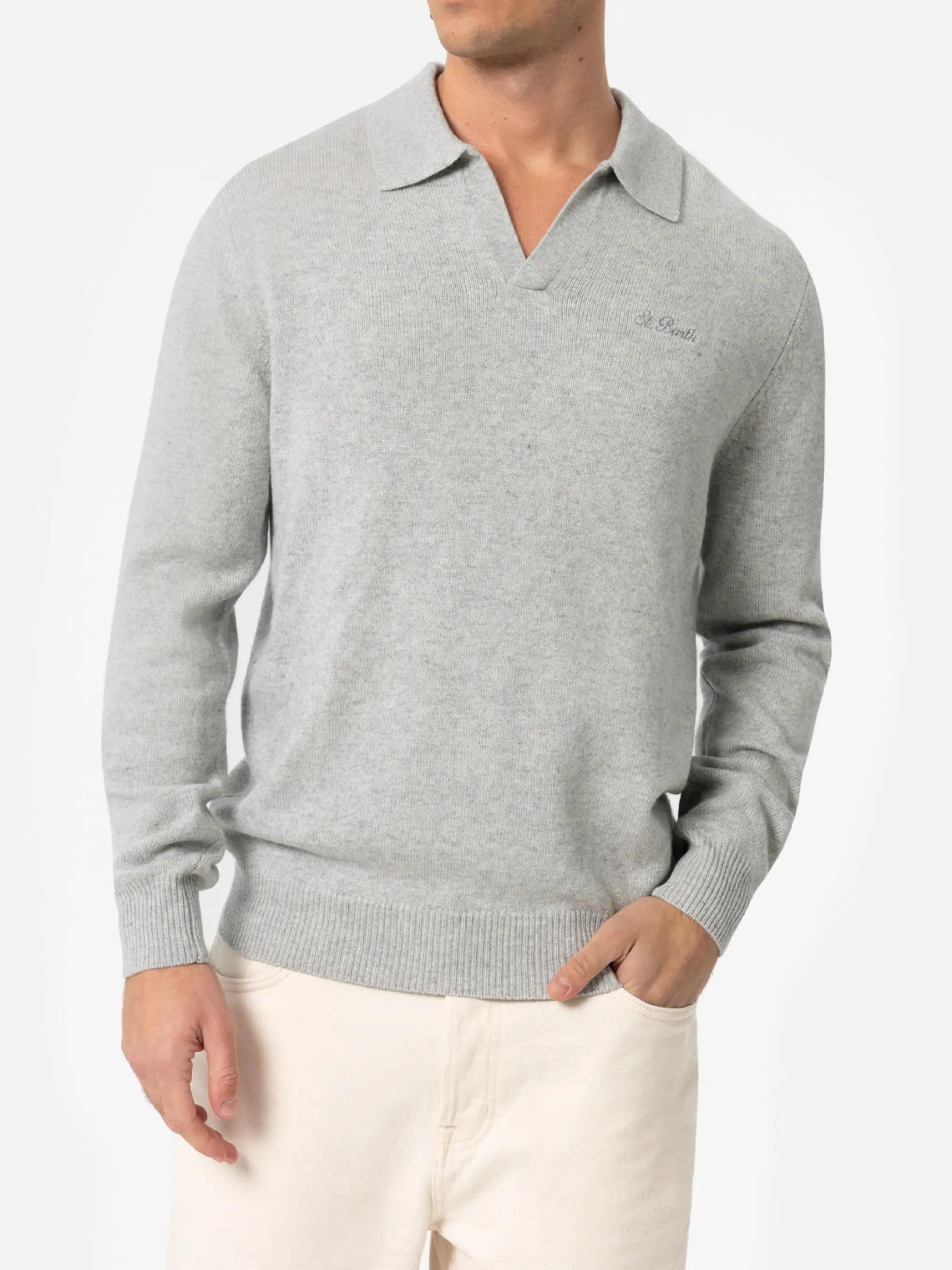 Pullover Covent aus graumeliertem Kaschmir-Mix mit Polokragen für Herren