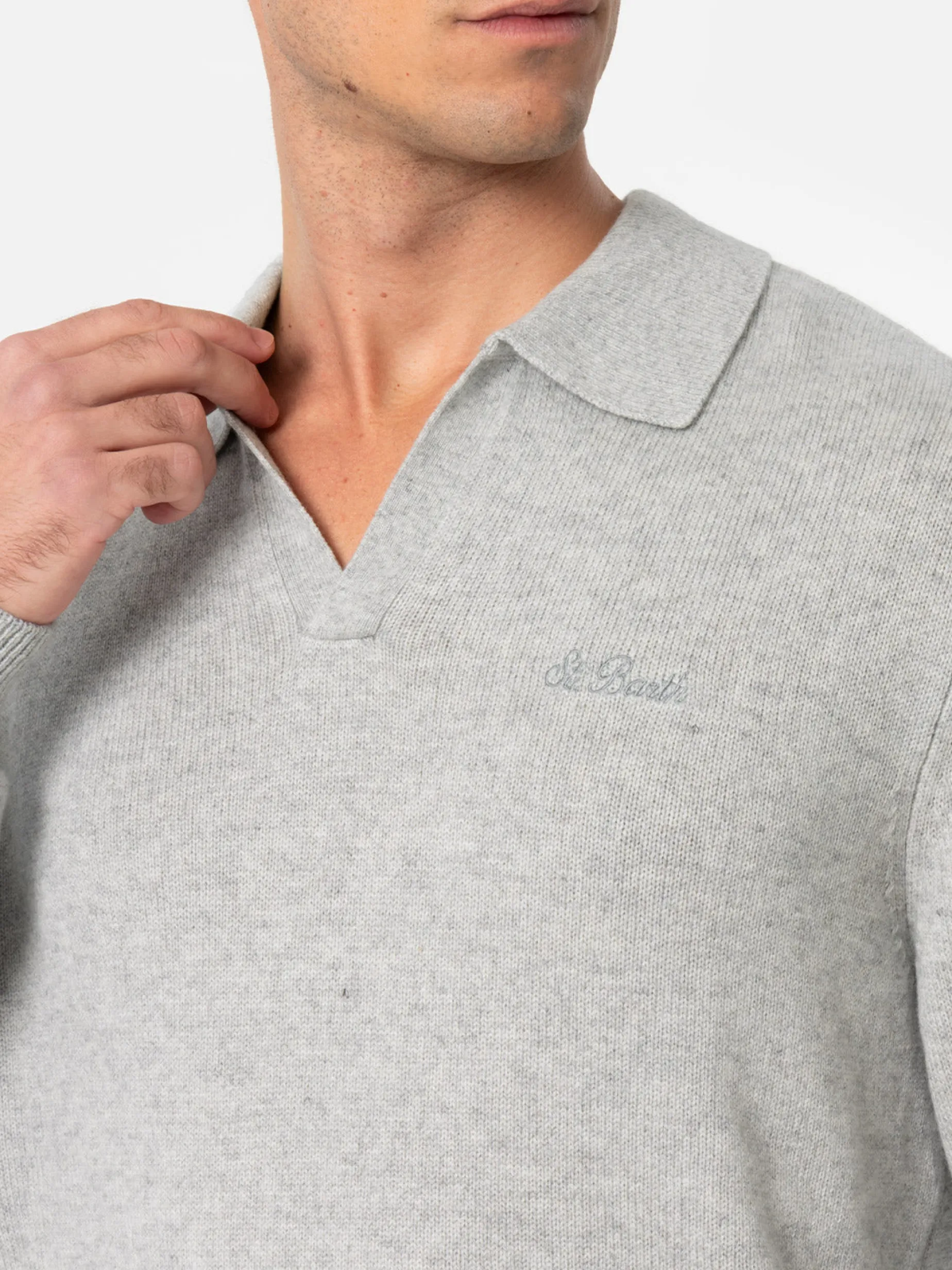 Pullover Covent aus graumeliertem Kaschmir-Mix mit Polokragen für Herren