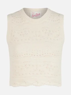 Ärmelloses Damen-Stricktop aus Baumwolle Pfirsich