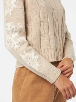 Rollkragenpullover für Damen mit Flechtmuster und Schneeflocken-Strasssteinen