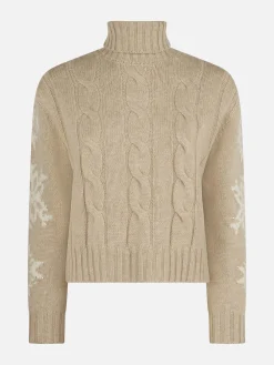 Rollkragenpullover für Damen mit Flechtmuster und Schneeflocken-Strasssteinen