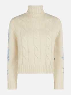 Rollkragenpullover für Damen mit Flechtmuster und Schneeflocken-Strasssteinen