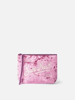 Rosa Chenille-Pochette Aline mit Logo-Stickerei