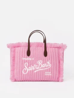 Rosa Colette-Handtasche aus Rippenstrick mit Logo-Stickerei