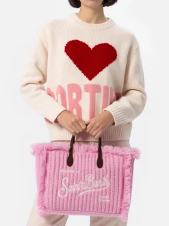 Rosa Colette-Handtasche aus Rippenstrick mit Logo-Stickerei