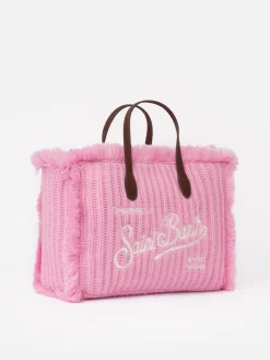 Rosa Colette-Handtasche aus Rippenstrick mit Logo-Stickerei