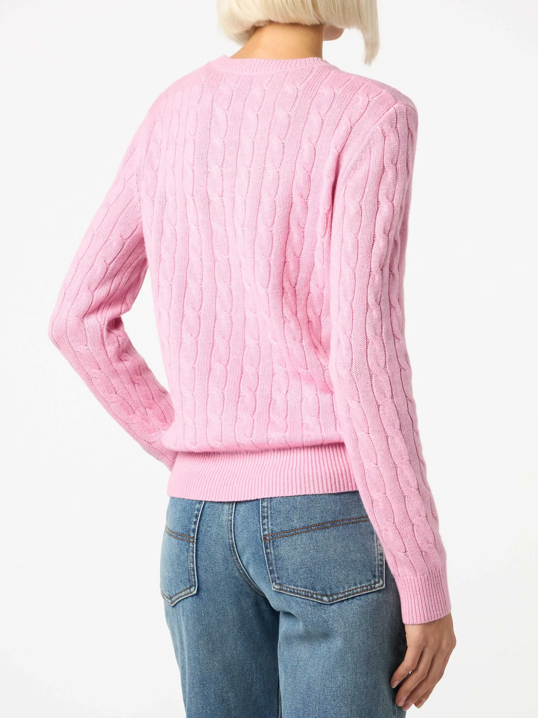 Rosa Damenpullover aus Kaschmirmischung mit Zopfmuster Sorbonne