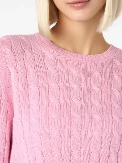 Rosa Damenpullover aus Kaschmirmischung mit Zopfmuster Sorbonne
