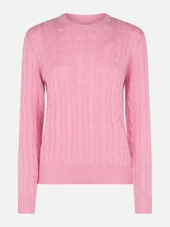 Rosa Damenpullover aus Kaschmirmischung mit Zopfmuster Sorbonne