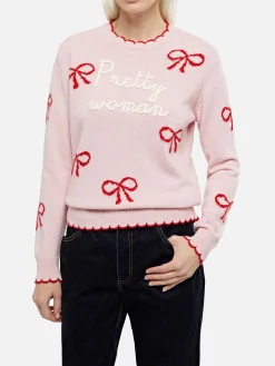 Rosa Damenpullover New Queen mit Pretty Woman-Stickerei und Bänder-Print