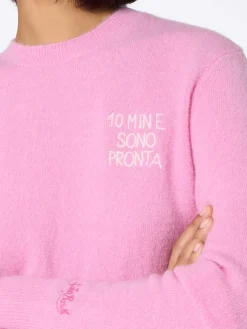 Rosa Damenpullover New Queen mit 10 min e sono pronta-Stickerei