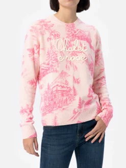 Rosa Damenpullover New Queen mit Toile de Jouy-Druck und Chalet e Rosè-Stickerei