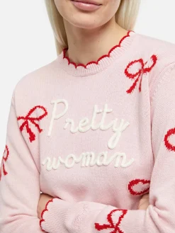 Rosa Damenpullover New Queen mit Pretty Woman-Stickerei und Bänder-Print