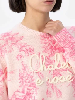 Rosa Damenpullover New Queen mit Toile de Jouy-Druck und Chalet e Rosè-Stickerei