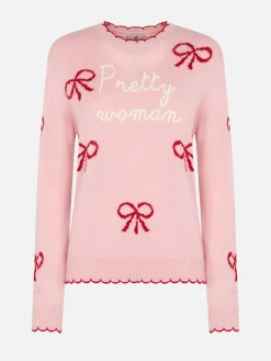Rosa Damenpullover New Queen mit Pretty Woman-Stickerei und Bänder-Print