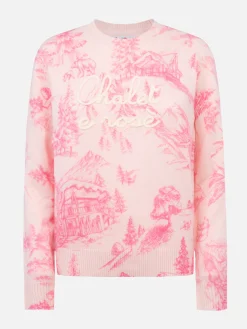 Rosa Damenpullover New Queen mit Toile de Jouy-Druck und Chalet e Rosè-Stickerei