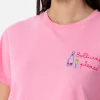 Rosa Damen-T-Shirt Emilie aus Baumwolljersey mit Rundhalsausschnitt und Stickerei „Bollicine, please“