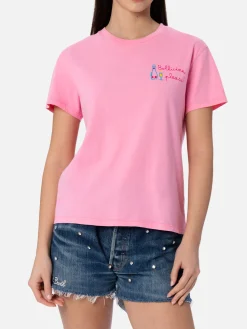 Rosa Damen-T-Shirt Emilie aus Baumwolljersey mit Rundhalsausschnitt und Stickerei „Bollicine, please“