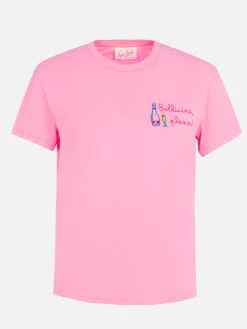 Rosa Damen-T-Shirt Emilie aus Baumwolljersey mit Rundhalsausschnitt und Stickerei „Bollicine, please“