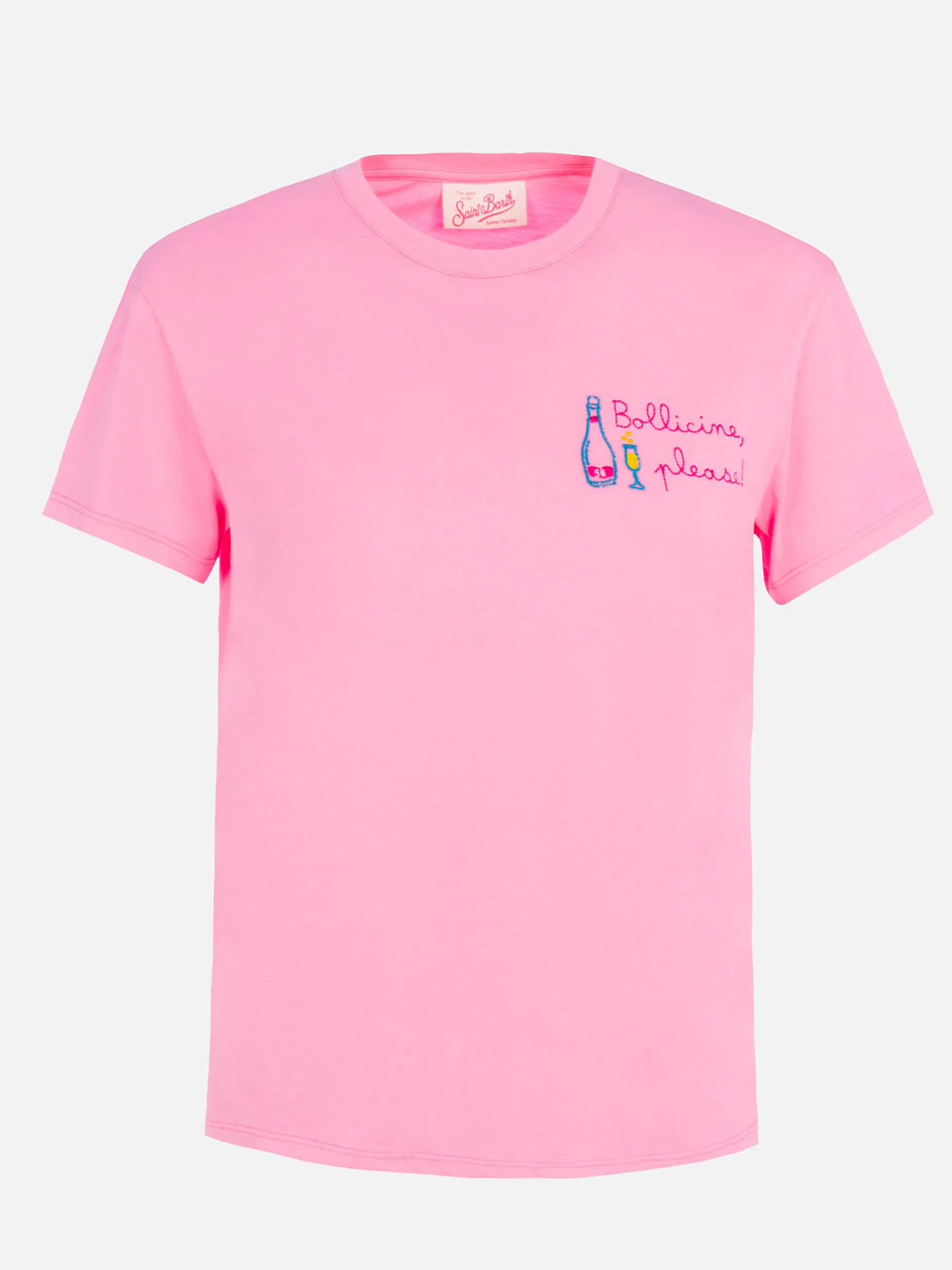 Rosa Damen-T-Shirt Emilie aus Baumwolljersey mit Rundhalsausschnitt und Stickerei „Bollicine, please“